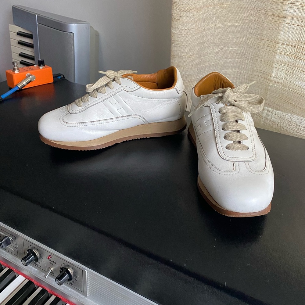 Hermes White Leather Sneakers Rubber Shoes Size 36 Laced H Logo Flats